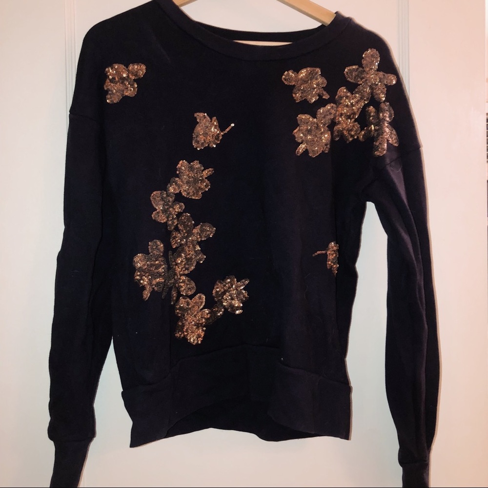 J Crew Navy Sequin Leaf Crew Neck Sweatshirt